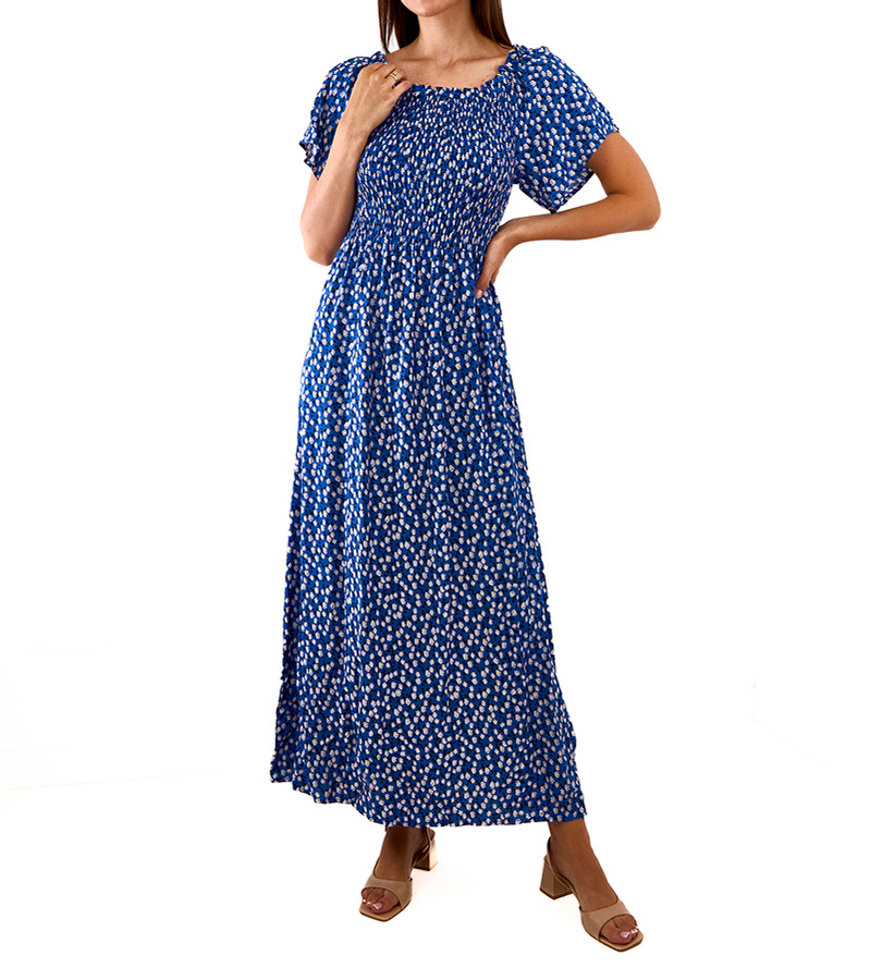 Tamsiai mėlyna ilga suknelė su smulkiais gėlių raštais Hajden