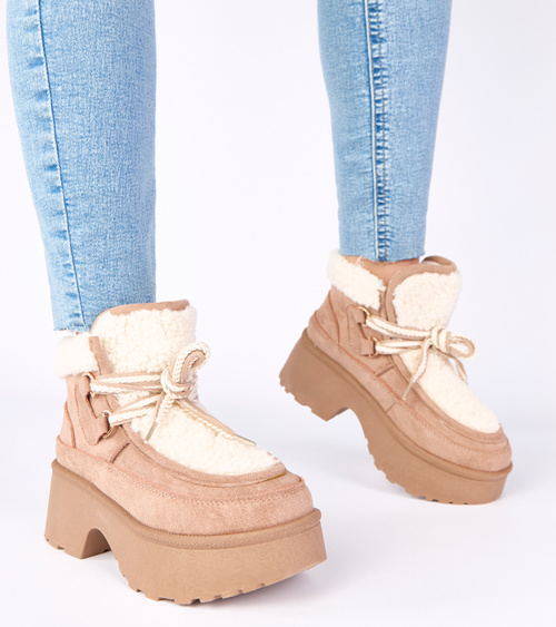 Tamsiai smėlio spalvos sniego batai su kailiu ant platformos Ziza