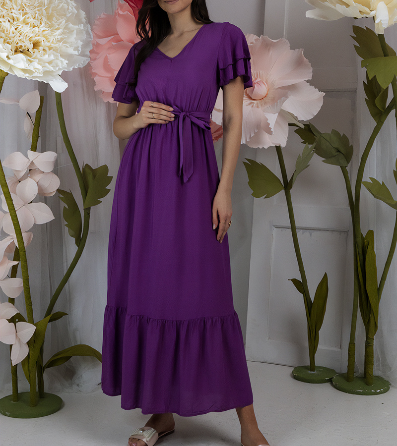 Violetinė ilga suknelė su trumpomis rankovėmis Akina