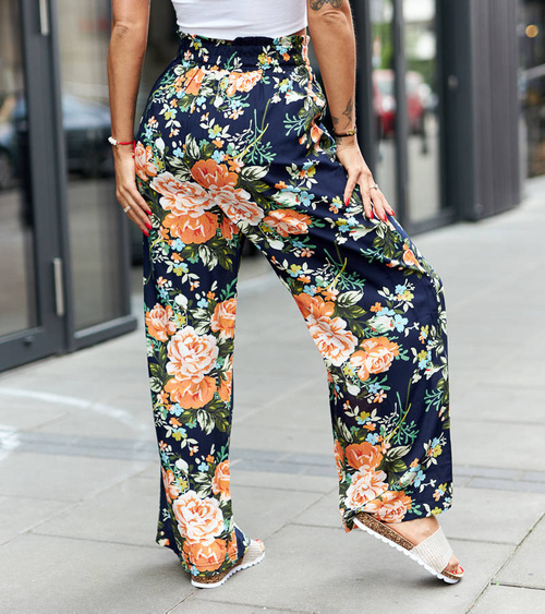 Tamsiai mėlynos plačios kelnės su gėlėmis „Cosimo“