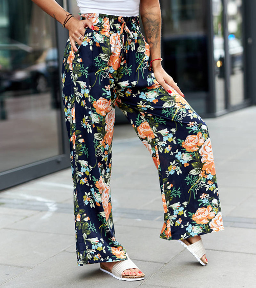 Tamsiai mėlynos plačios kelnės su gėlėmis „Cosimo“