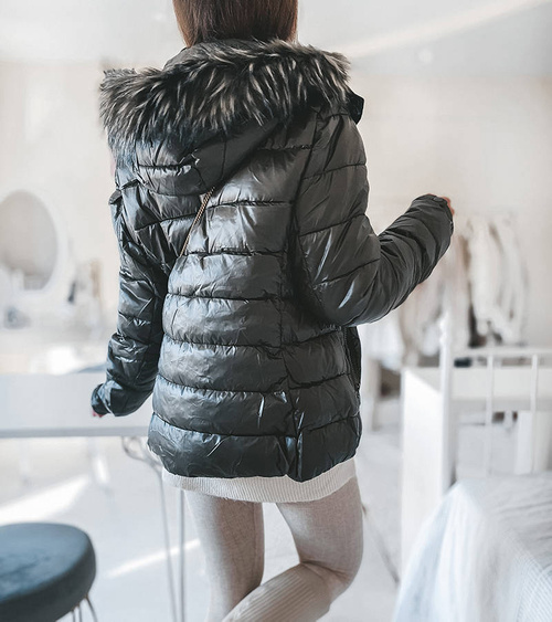 Tamsiai žalia striukė su kailiniu gobtuvu Poisson