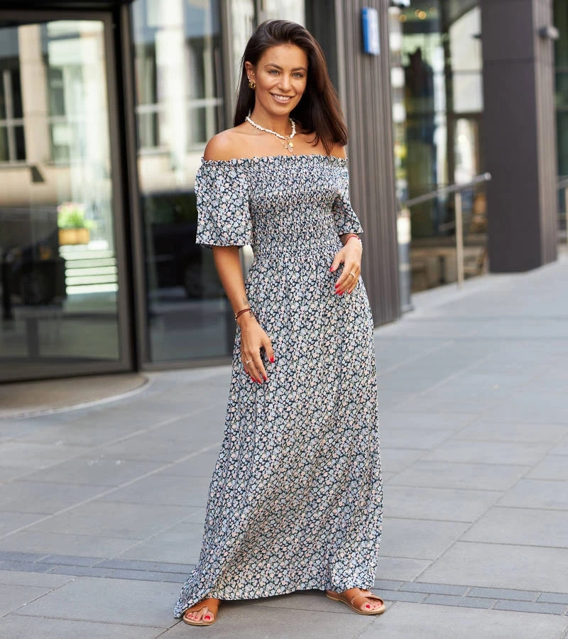 Tamsiai mėlyna gėlėta ilga suknelė Ilario