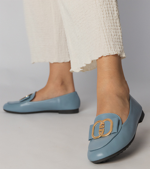 Mėlynos moteriškos mokasinės su auksine puošmena Frada