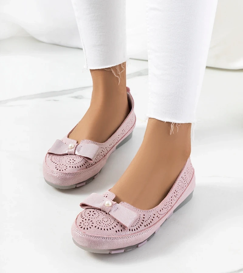 Rožiniai odiniai baletiniai bateliai su kaspinu Catania