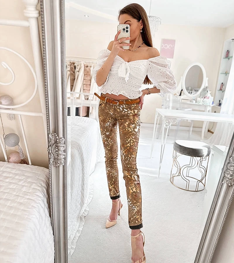 Smėlio spalvos kelnės su auksiniu leopardu Lévesque