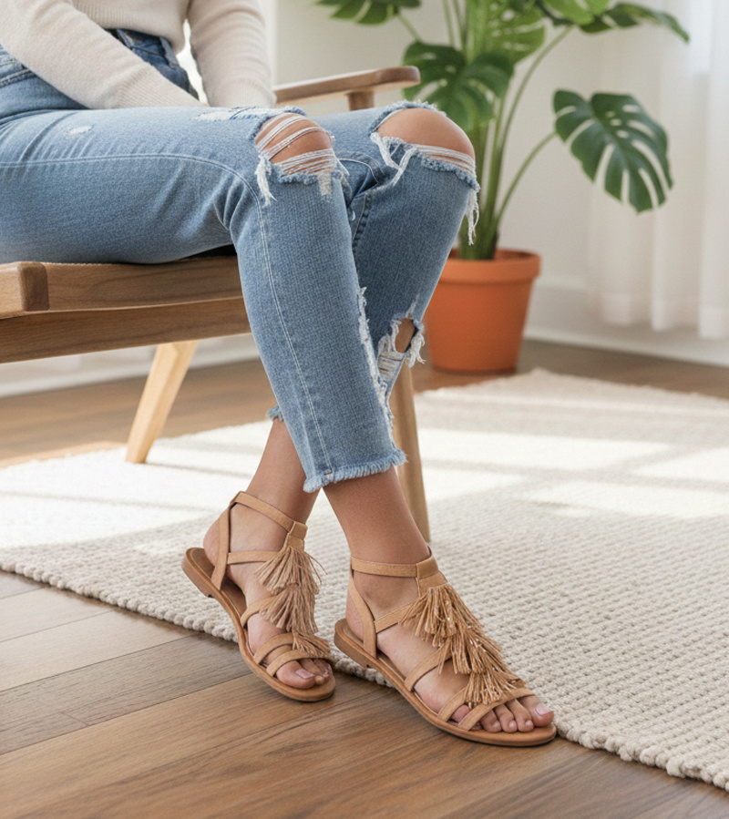 Smėlio spalvos basutės papuoštos kutais Noronha