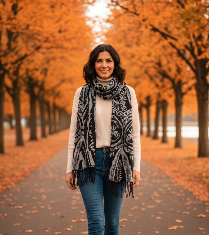 Juodai baltas šalikėlis su gėlėmis Colonie