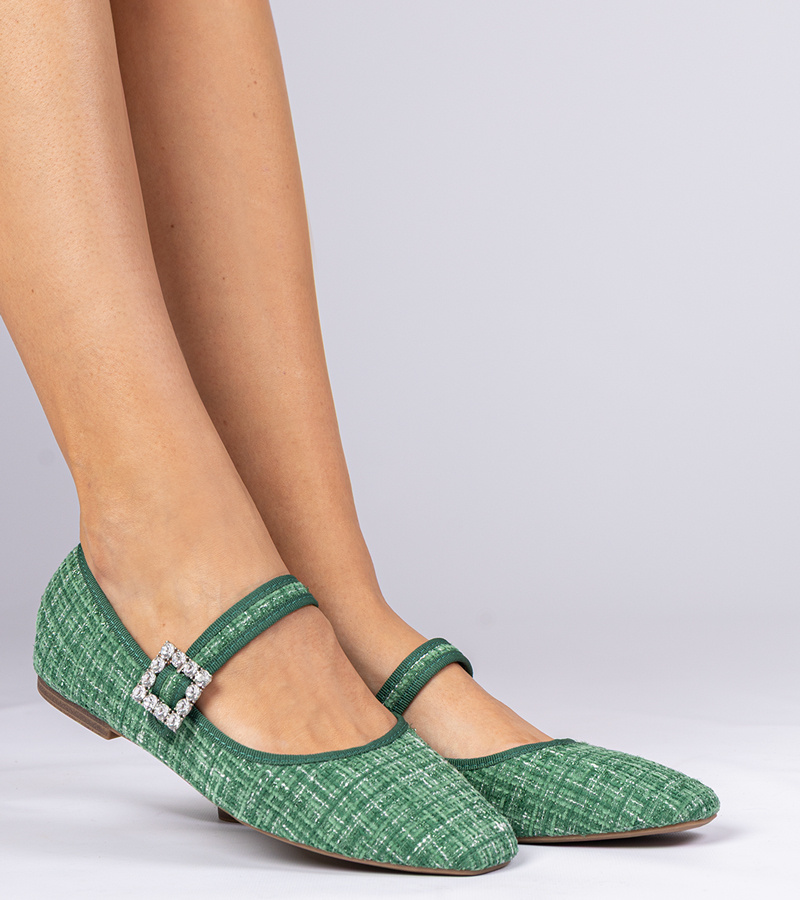 Žalios moteriškos balerinos su sagtimi ir kristalais „Piona“