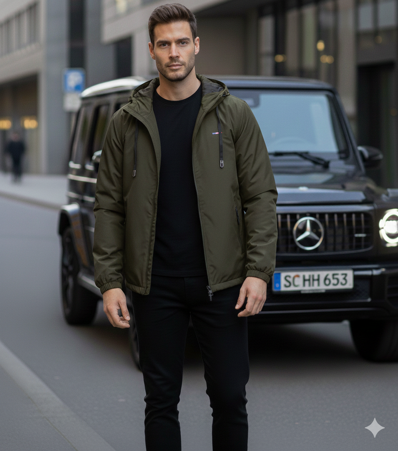 Žalias vyriškas vėjui atsparus švarkelis su gobtuvu Duplessis