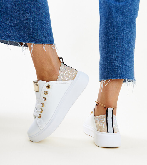 Balta ir smėlio spalvos sportiniai bateliai su cirkoniais Antonietta