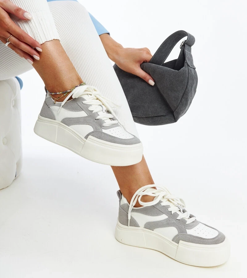 Pilki ir balti odiniai sportbačiai ant storos pado Kawthar