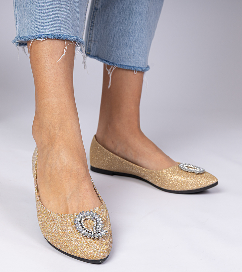 Auksiniai moteriški blizgučiai balerinos bateliai su cirkoniais Ellada