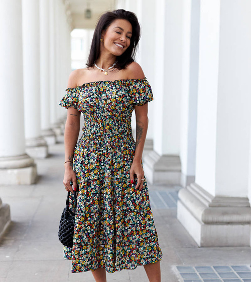 Juoda midi gėlėta suknelė Rosanna