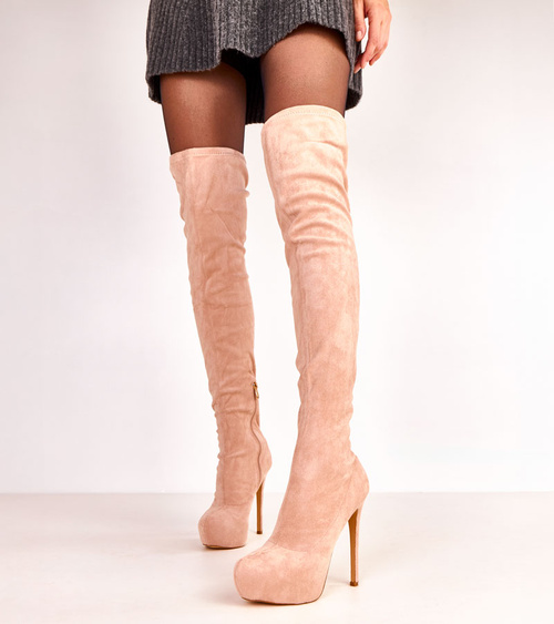 Smėlio spalvos dirbtinio zomšo ilgaaulių batų virš kelių „Ferros“