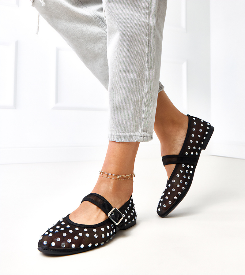 Juodi tinkleliniai baleriniai bateliai su kristalais „Malmo“