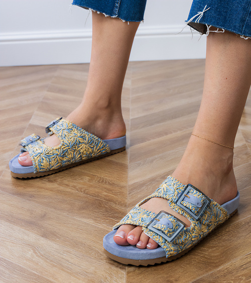 Mėlyni nėriniuoti šlepetės su sagtimis ant dirželių Firada