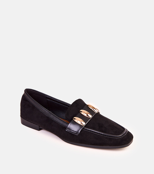 Juodi elegantiški balerinai su auksine puošmena Klesa