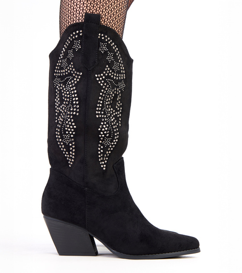 Juodi žemi kulniukai kaubojiški batai su cirkoniais Masura