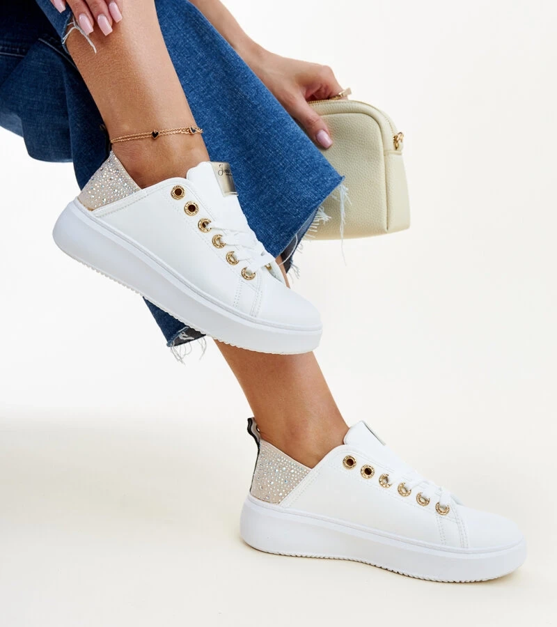 Balta ir smėlio spalvos sportiniai bateliai su cirkoniais Antonietta