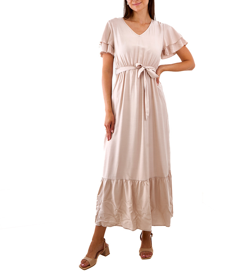 Smėlio spalvos ilga suknelė trumpomis rankovėmis Akina