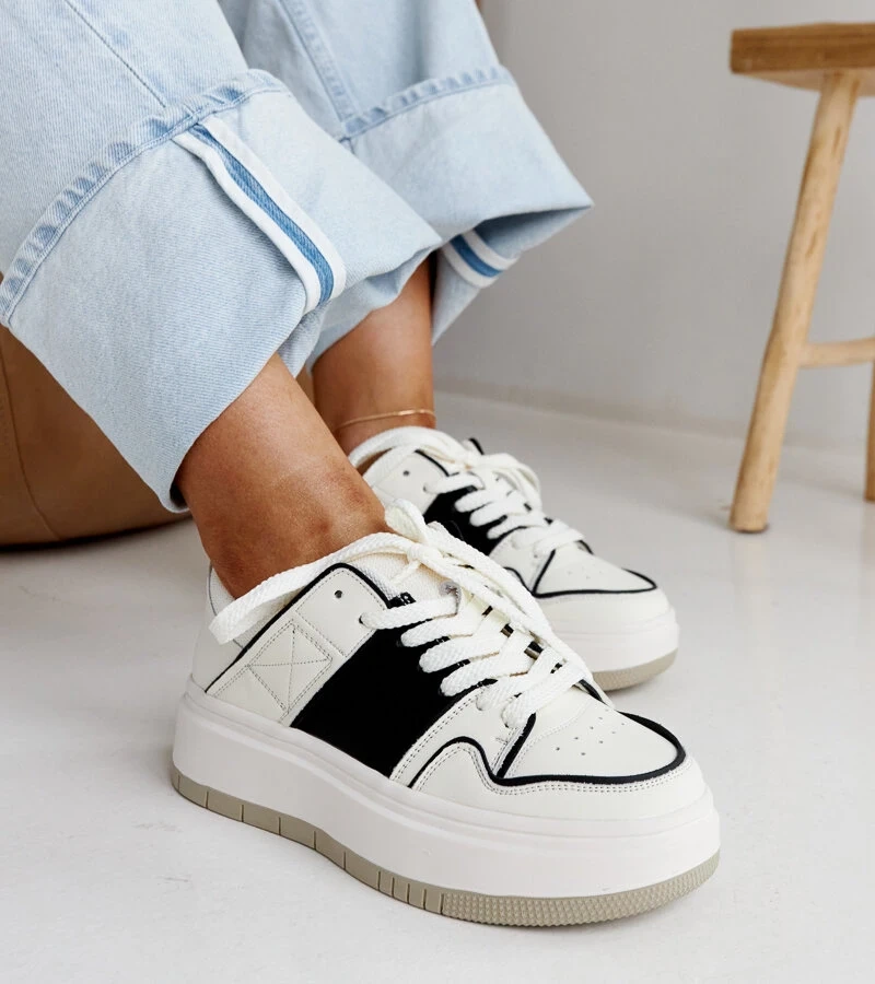 Juodai balti odiniai sportiniai batai su stora padu Abrar