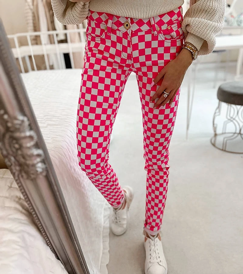 Rožinės languotos medžiaginės kelnės Bler