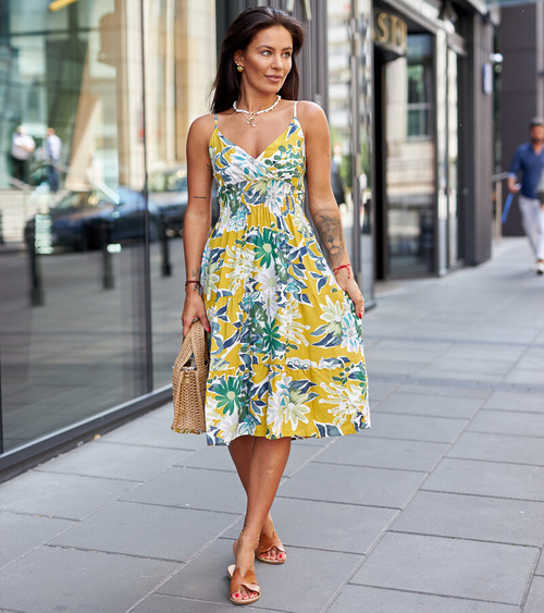 Geltona mini suknelė su gėlėmis Brugnetto