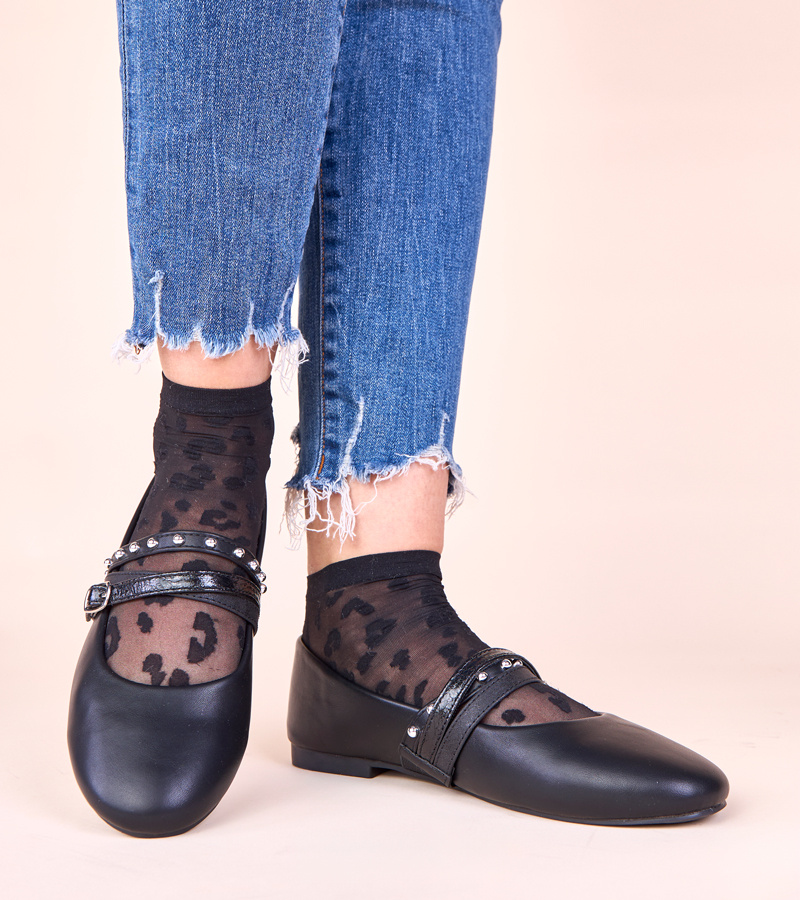 Juodi balerinai su dekoratyviomis juostelėmis Vika