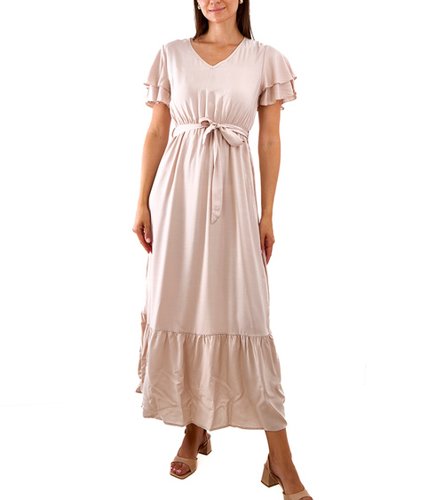 Smėlio spalvos ilga suknelė trumpomis rankovėmis Akina