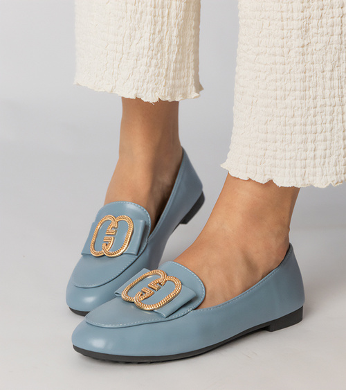 Mėlynos moteriškos mokasinės su auksine puošmena Frada