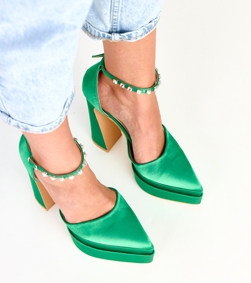 Žali aukštakulniai bateliai su dirželiu, dekoruotu akmenimis Tolani