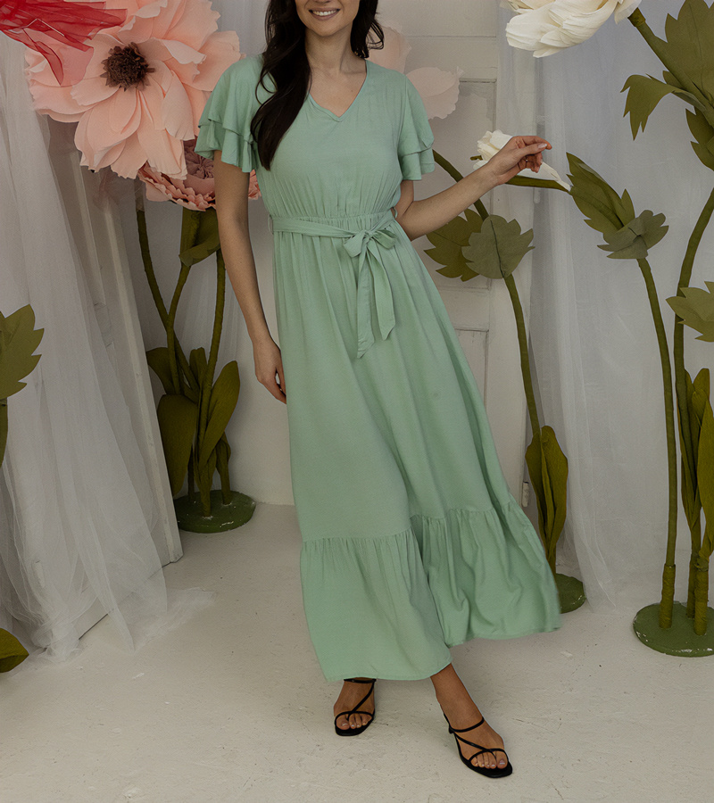 Žalia ilga suknelė su trumpomis rankovėmis „Akina“