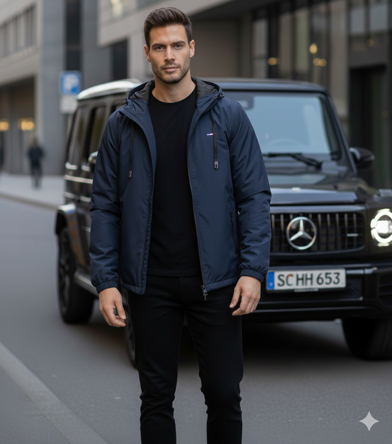 Tamsiai mėlyna vyriška vėjui atspari striukė su gobtuvu Duplessis