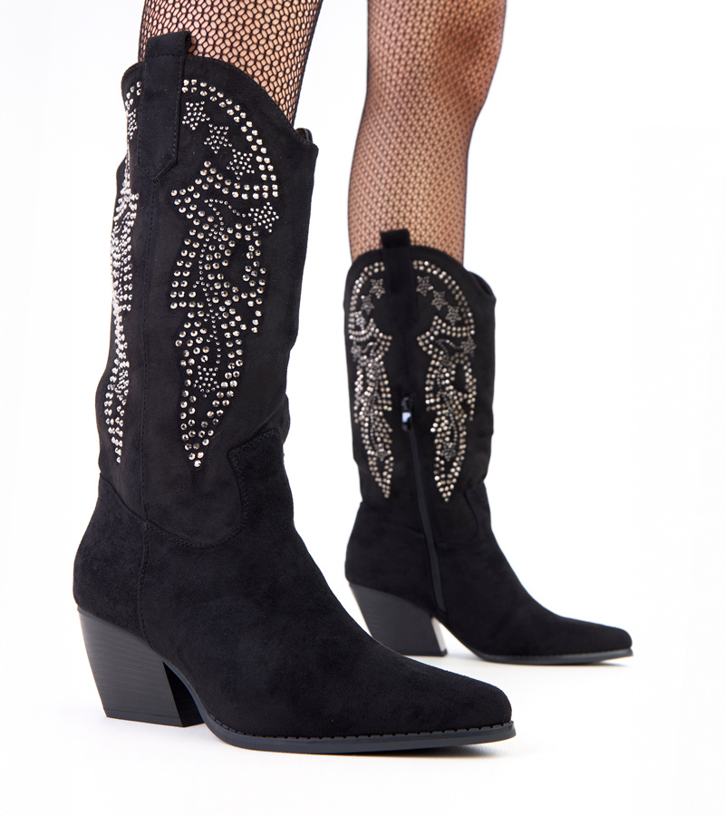 Juodi žemi kulniukai kaubojiški batai su cirkoniais Masura